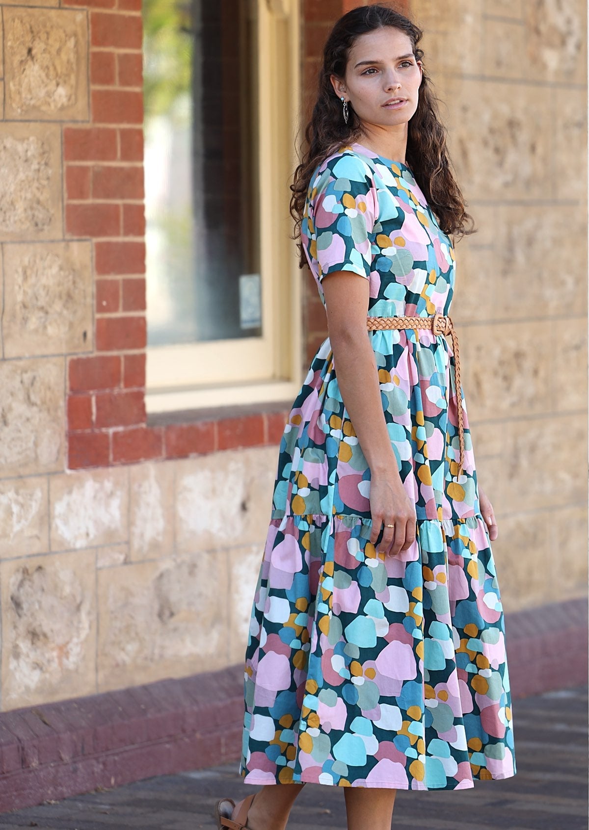 Woman Wearing 100% Indian Cotton teal and pastel coloured spots