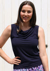 Cowl Neck Singlet Top sleeveless cowl neck fitted soft stretch rayon navy blue | Karma East