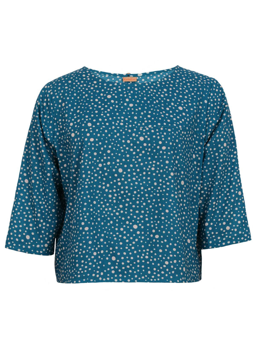 Demi Top Going Dotty Teal Polkadot cotton 3/4 sleeve loose fit top with decorative buttons at the back | Karma East Australia