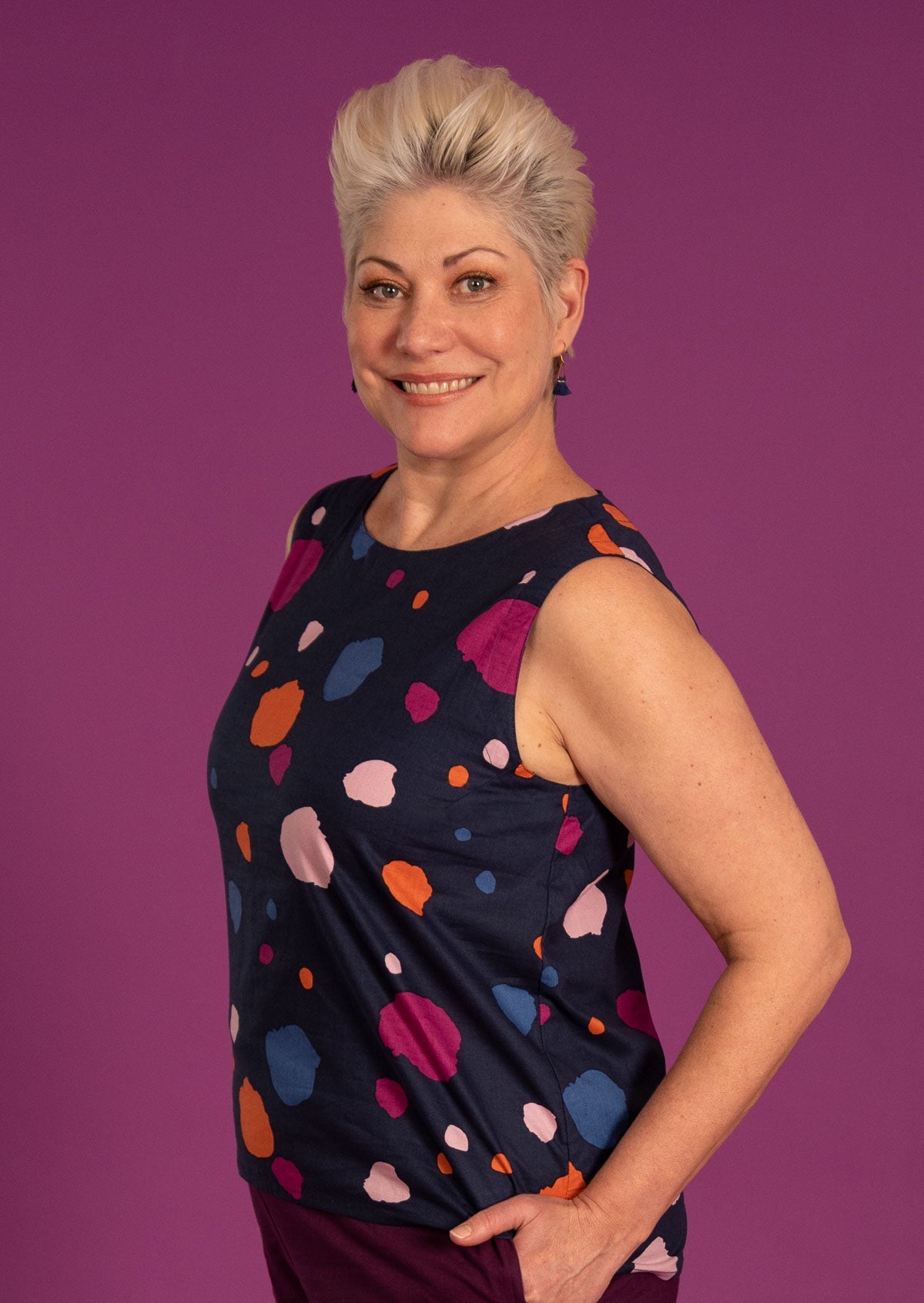 100% Indian cotton sleeveless top in navy based spotty print.