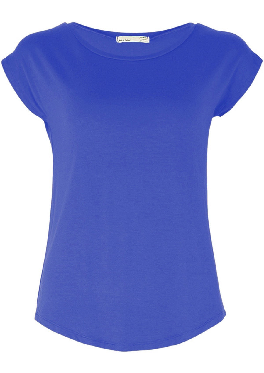 Shell T-shirt short sleeve round neck rounded bottom hem soft stretch rayon electric blue | Karma East Australia