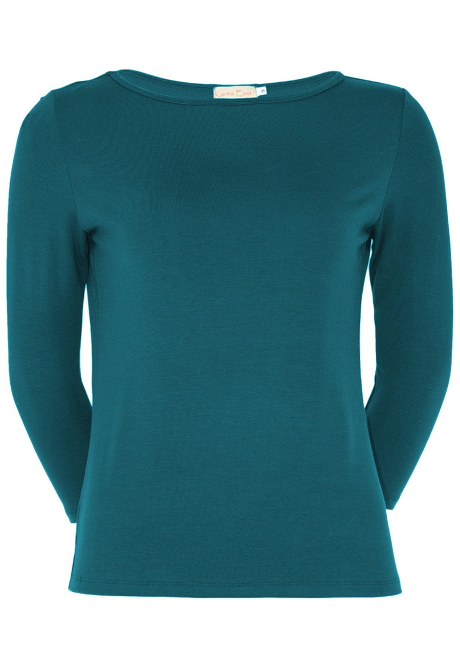 Boat Neck Top 3/4 sleeve fitted soft stretch rayon fabric teal blue | Karma East Australia