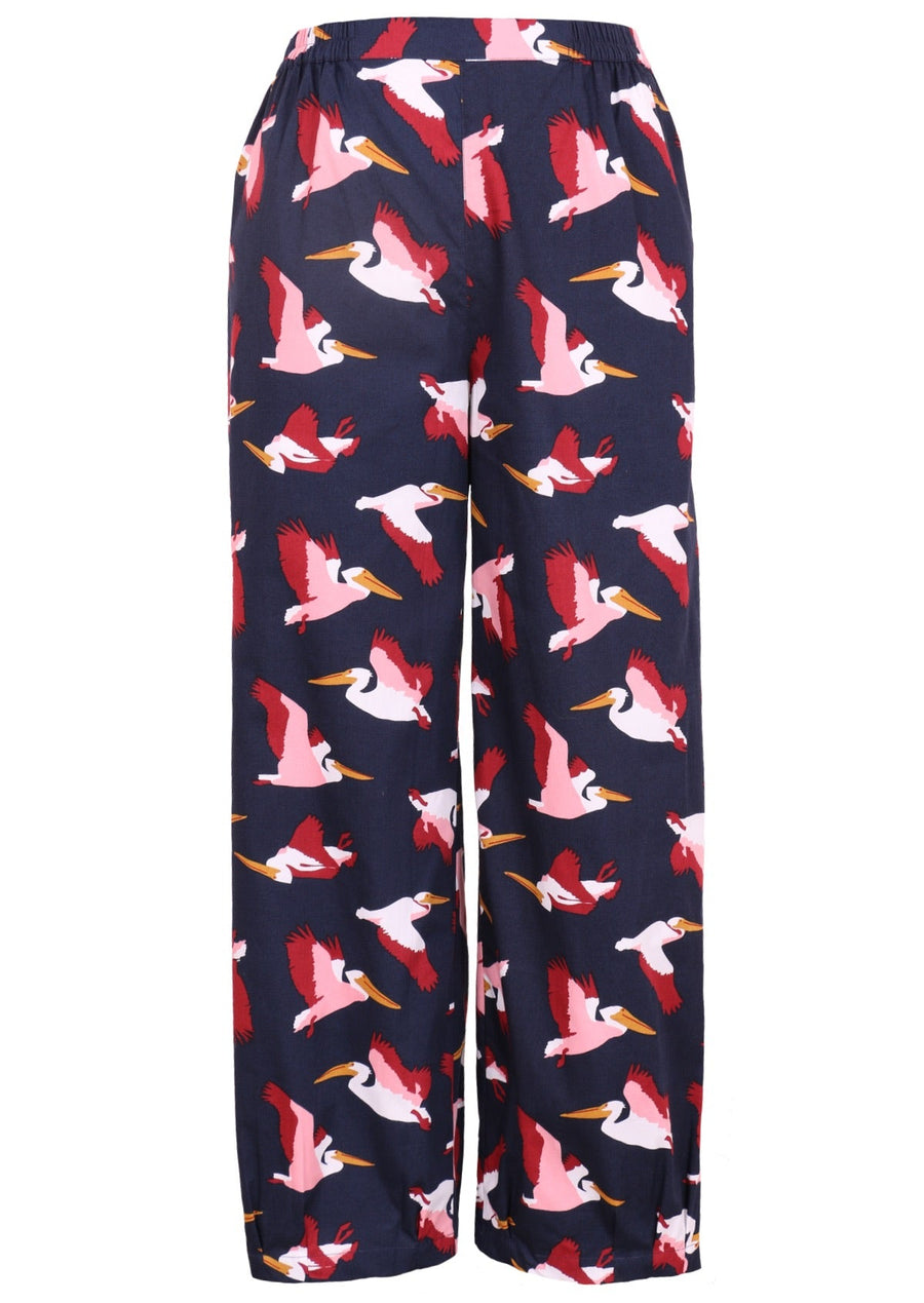 Greta Pants high waisted women's pants elasticated waistband side pockets pleats at side of ankles 100% cotton dark blue base with pink and maroon bird print | Karma East Australia