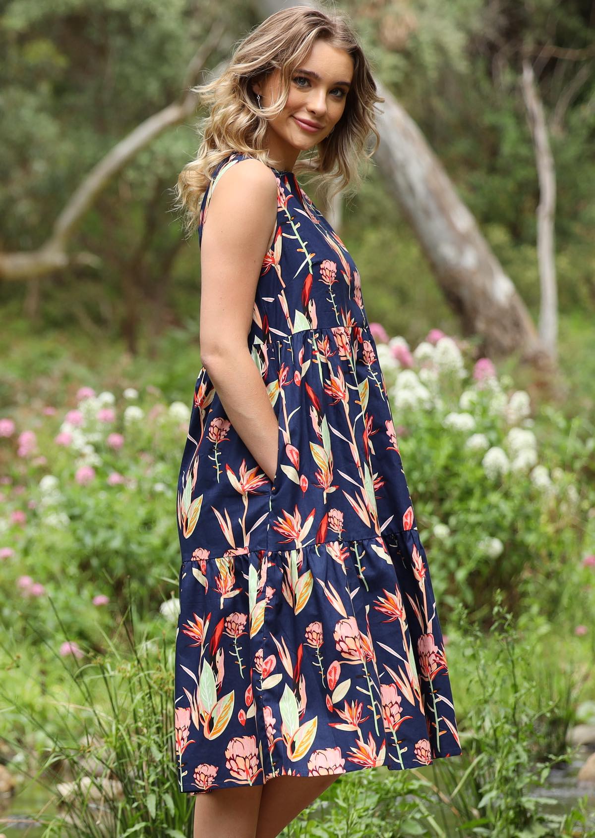 Model in Midi Dress with Pockets