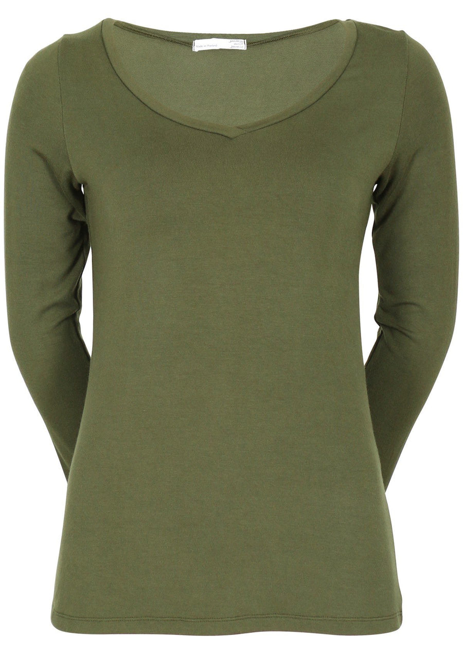 Long Sleeve Stretch V-neck Top soft rayon olive green | Karma East Australia
