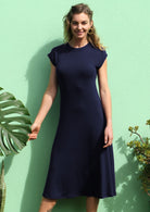 Short Sleeve A-line Midi Soft Stretch Rayon Dress Navy Blue | Karma East Australia
