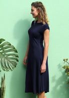 short cap sleeve navy stretch rayon midi dress