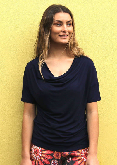 Sara Top short sleeve cowl neck loose fit soft stretch rayon navy blue | Karma East Australia