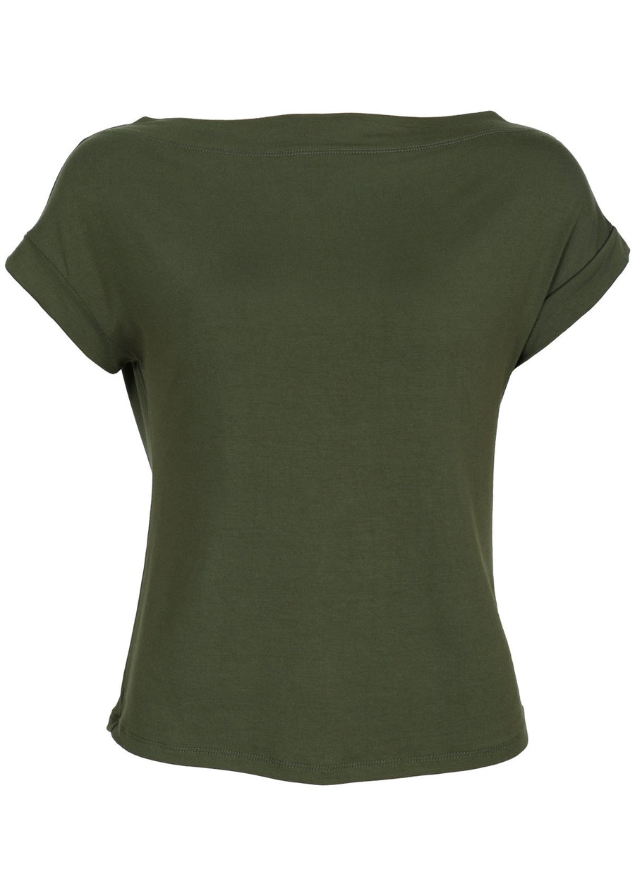 Model wears stretch rayon olive top with wide boat neckline