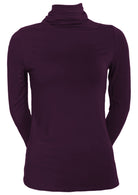 Front view of women's turtle neck purple fitted long sleeve soft stretch rayon top.