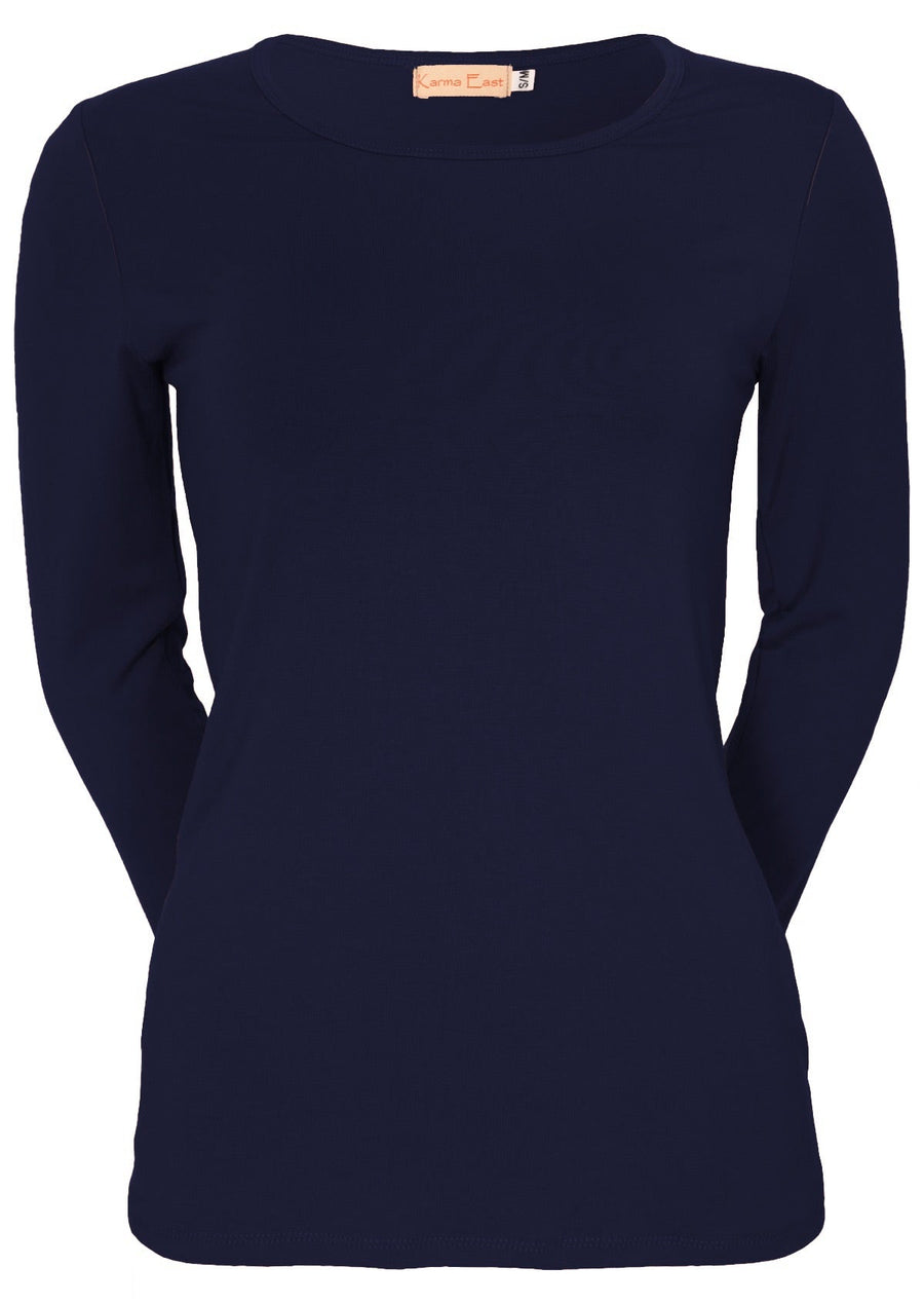 Round Neck Top fitted long sleeve round neck soft stretch rayon navy blue | Karma East Australia
