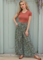 Janis Pant, high waisted Elasticised back of waistband draw string front wide leg side pockets 100% cotton light weight sage green floral print | Karma East