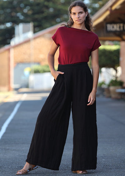 Jaya Pant Black high waisted wide leg pant with side pockets back of waistband elasticated 100% cotton black | Karma East Australia