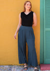 Jaya Pant Black high waisted wide leg pant with side pockets back of waistband elasticated 100% cotton teal blue | Karma East Australia