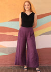 Jaya Pant Black high waisted wide leg pant with side pockets back of waistband elasticated 100% cotton purple | Karma East Australia