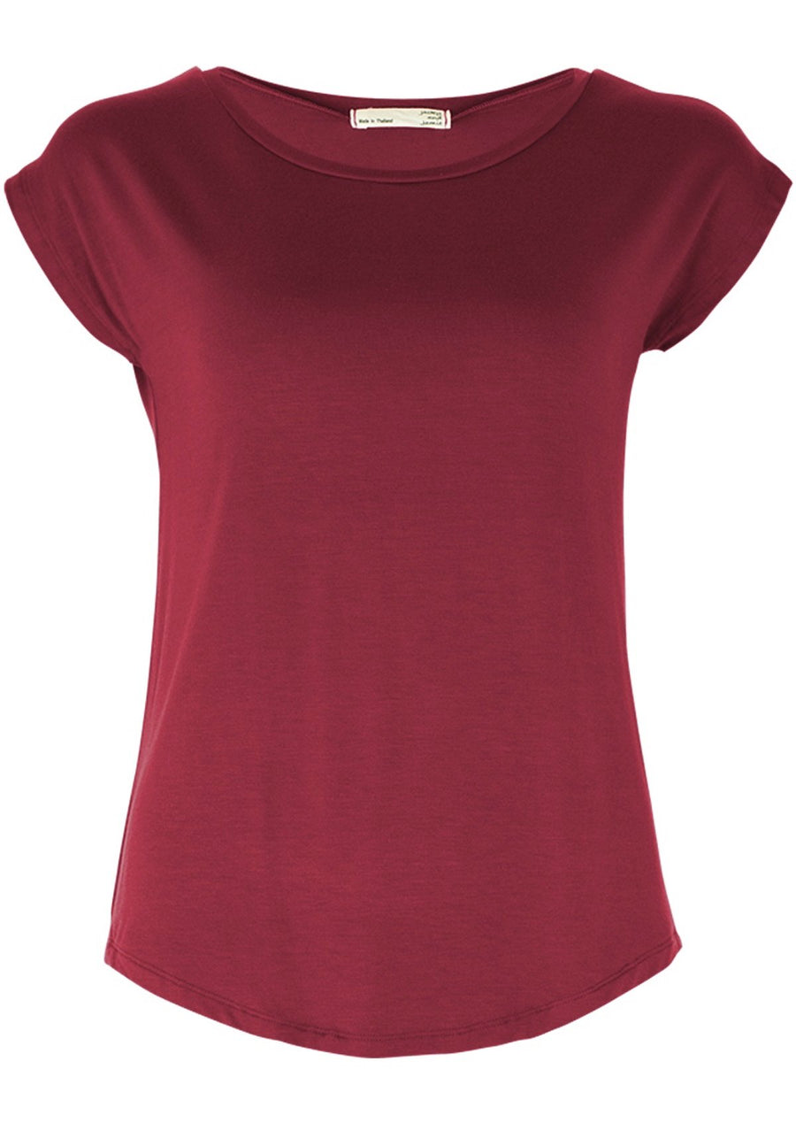 Shell T-shirt short sleeve round neck rounded bottom hem soft stretch rayon maroon | Karma East Australia