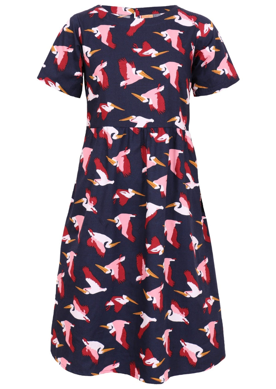 bird print cotton mid length dress with short sleeves