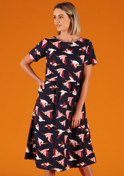 Maddison Dress Percival Pelican print cotton dress below knee short sleeve hidden pockets | Karma East Australia