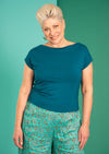 Wide neck mod top teal blue stretch rayon boat neck top | Karma East Australia