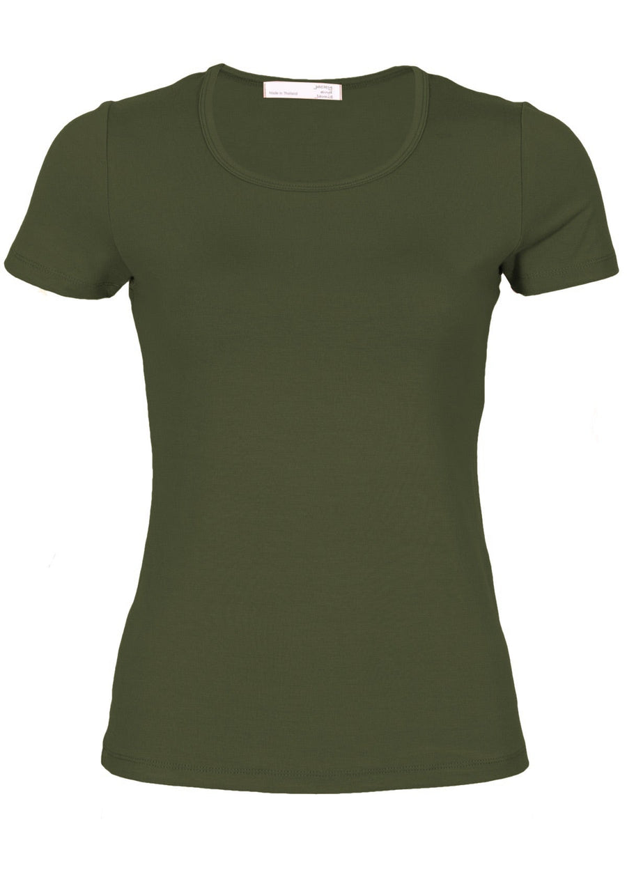Scoop Neck T-shirt fitted scoop round neck short sleeve double stitch hem soft stretch rayon olive green | Karma East Australia