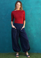 Pilot Pants high-mid waist waistband elasticated back flat front loose fitted leg elasticated at ankles front pockets 100% cotton light weight navy blue | Karma East Australia