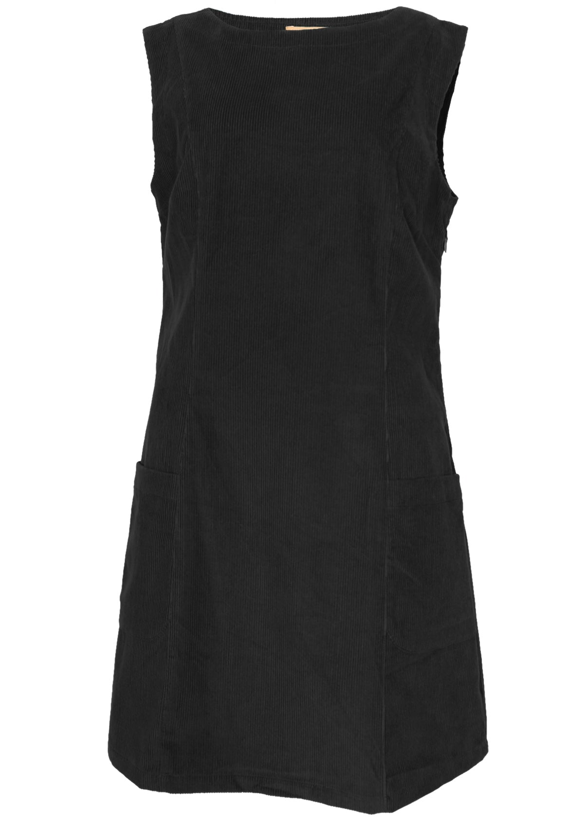 Black sleeveless cotton corduroy tunic with pockets