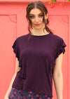 Ruffle Tee round neck short cap sleeve double stitched hems ruffle over shoulder tapers down side of top soft stretch rayon purple | Karma East Australia