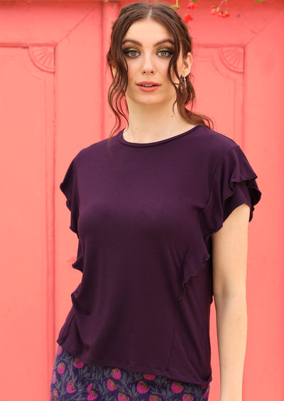 short sleeve ruffle top purple