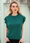 Ruffle Tee round neck short cap sleeve double stitched hems ruffle over shoulder tapers down side of top soft stretch rayon jade green | Karma East Australia