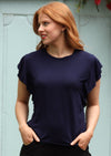 Ruffle Tee round neck short cap sleeve double stitched hems ruffle over shoulder tapers down side of top soft stretch rayon navy blue | Karma East Australia