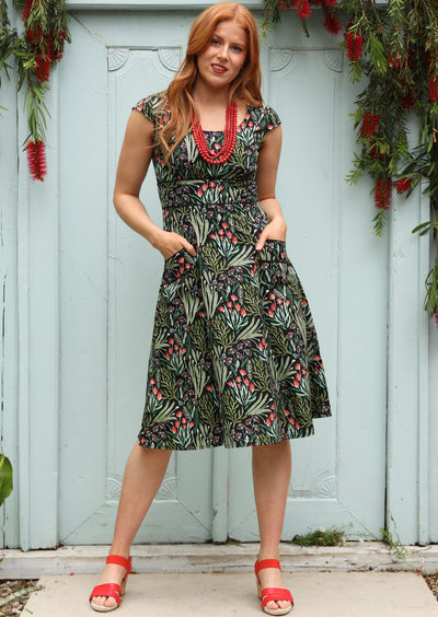 Below the Knee Length Cotton Womens Dress with Pockets