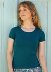 Scoop Neck T-shirt fitted scoop round neck short sleeve double stitch hem soft stretch rayon teal blue | Karma East Australia