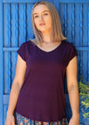 Simple V-neck Top short cap sleeve v-neckline rounded hem soft stretch rayon dark purple | Karma East Australia