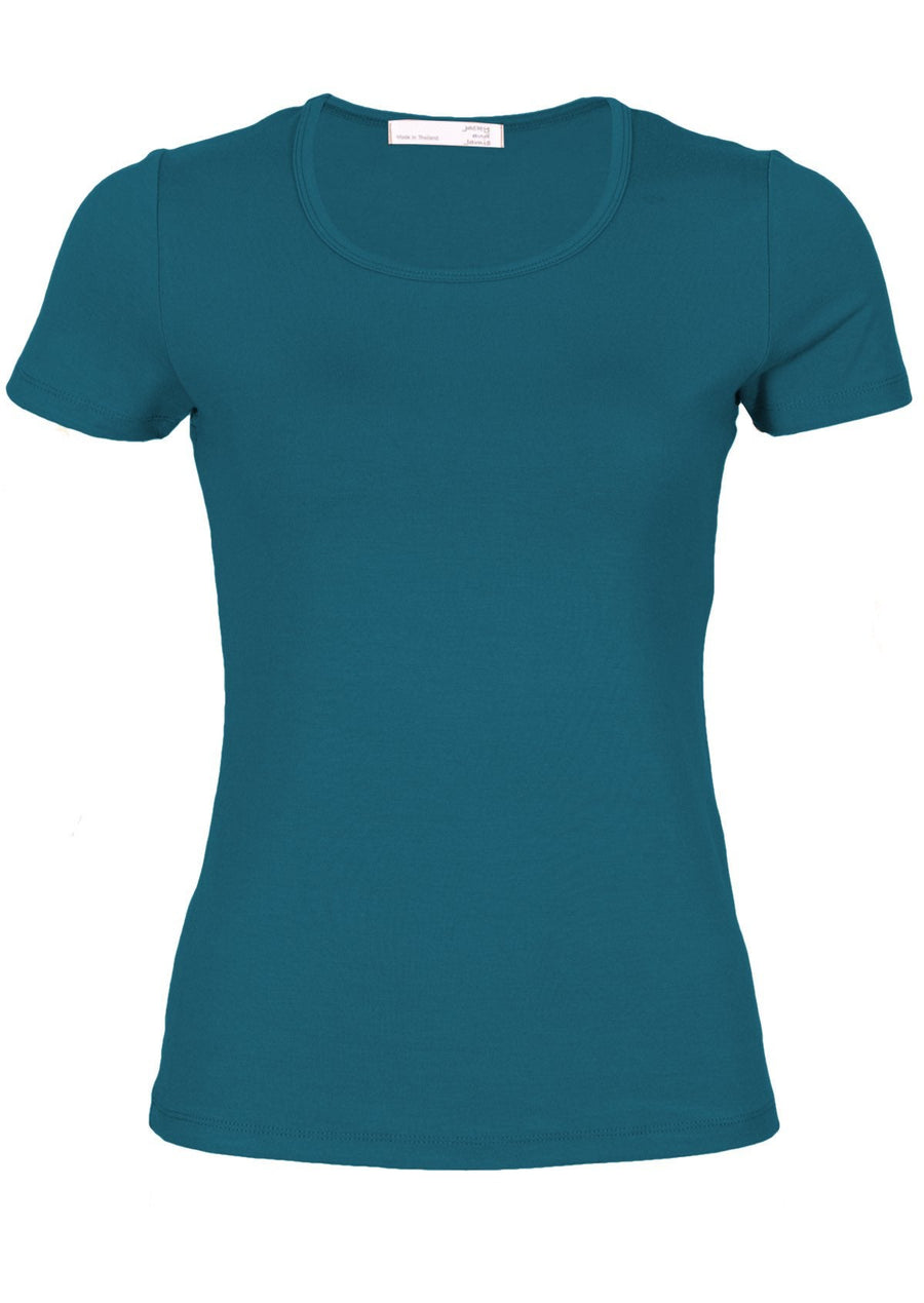 Scoop Neck T-shirt fitted scoop round neck short sleeve double stitch hem soft stretch rayon teal blue | Karma East Australia