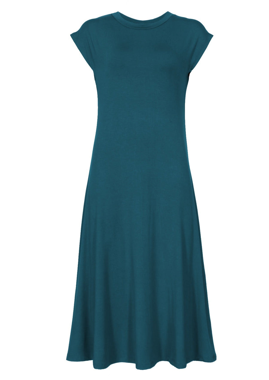 Short Sleeve A-line Midi Soft Stretch Rayon Dress Teal Blue | Karma East Australia