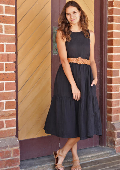 Sleeveless three tiered Womens Midi Dress with pockets black double cotton | Karma East Australia