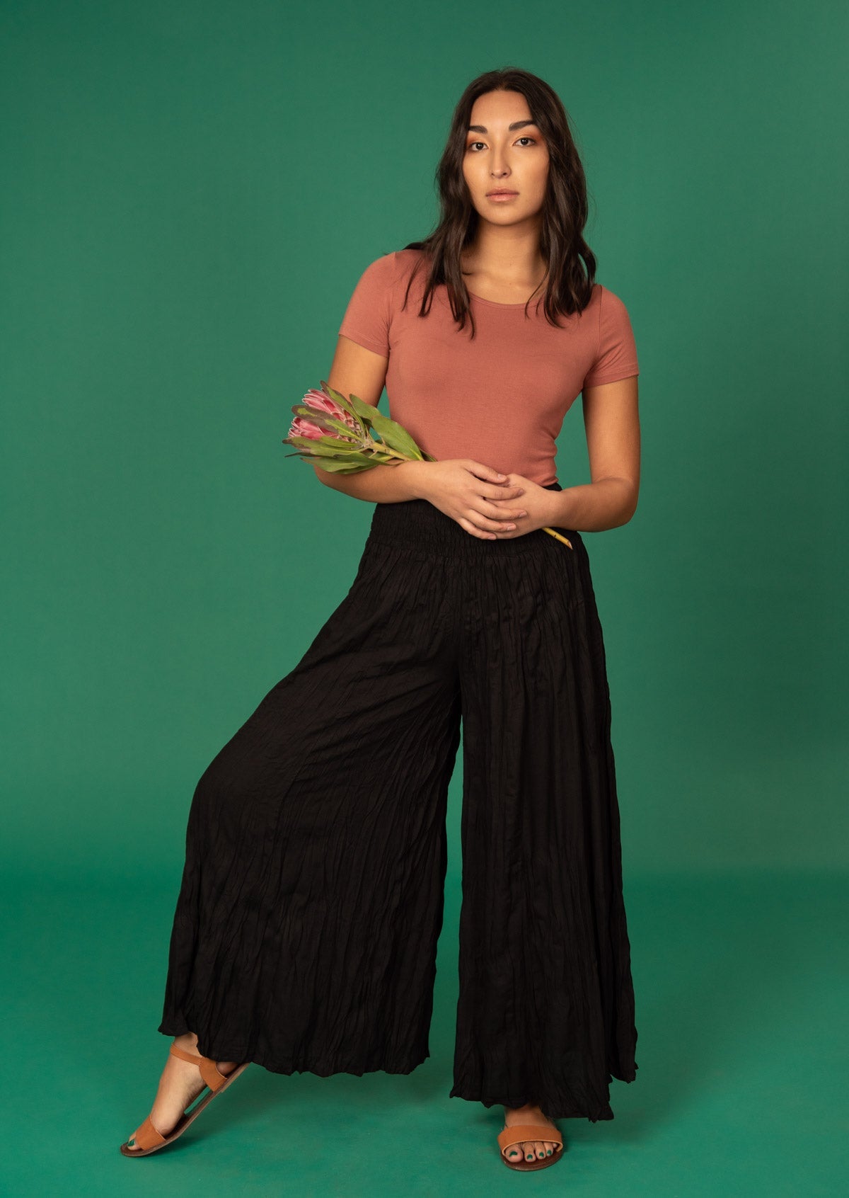 Umbrella Pant ultra wide leg elasticated, smocked waistband high-mid waist soft rayon black | Karma East Australia