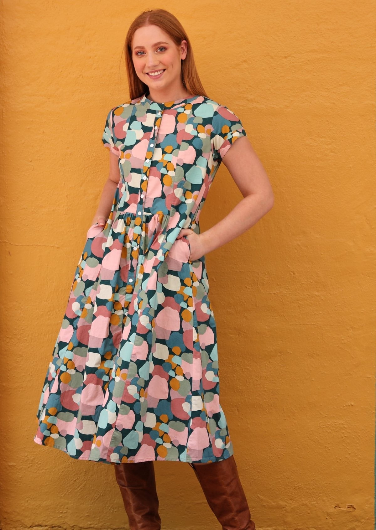 100% Indian Cotton pastel toned spots print dress with mandarin collar and short sleeves 