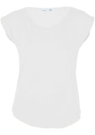 Front view women's white v-neck short cap sleeve rayon top.