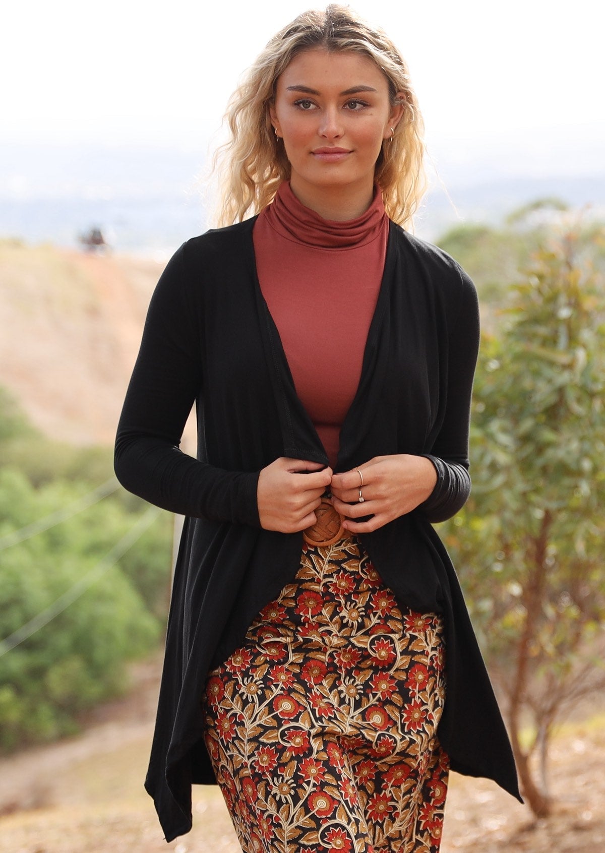 Waterfall Cardi long sleeve handkerchief hem soft stretch rayon black | Karma East Australia 
