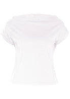 Front view of a women's wide neck mod white stretch rayon boat neck top