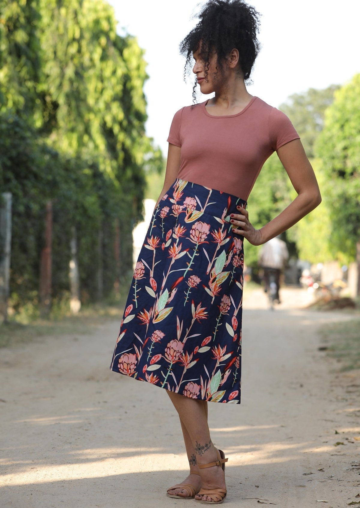 100% indian cotton navy and pink botanic print skirt