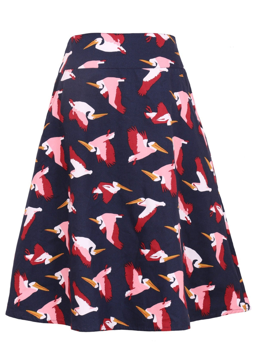 Zarah Skirt Percival Dark Blue Base with Pink and Maroon Pelican print cotton retro skirt with pockets | Karma East Australia