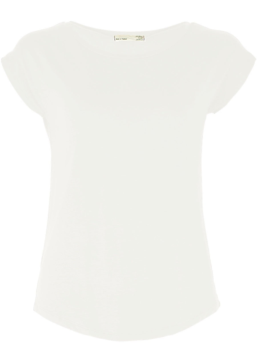 Shell T-shirt short sleeve round neck rounded bottom hem soft stretch rayon white | Karma East Australia