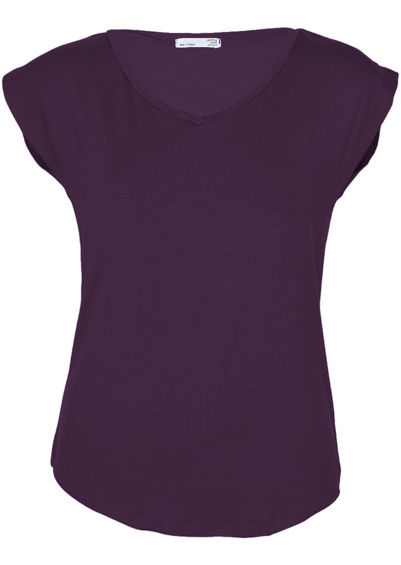 Front view of women's dark purple v-neck short cap sleeve rayon top