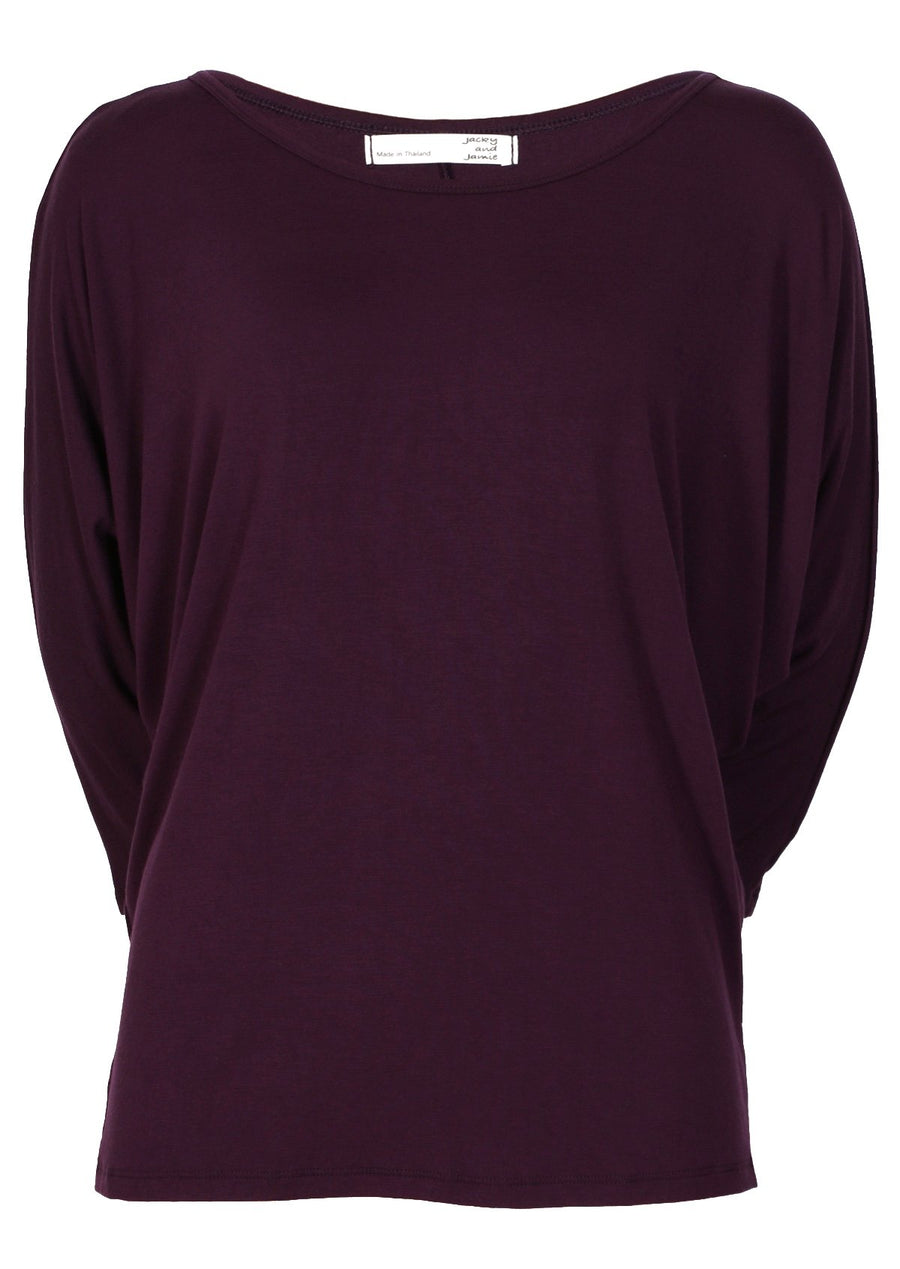 3/4 Sleeve Batwing Top round neckline 3/4 sleeve length batwing loose fitted bodice fits on hips Soft Stretch Rayon Dark Purple | Karma East Australia
