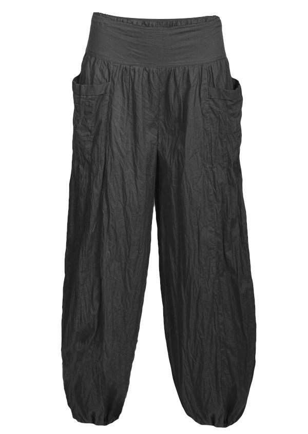 Pilot Pants high-mid waist waistband elasticated back flat front loose fitted leg elasticated at ankles front pockets 100% cotton light weight black | Karma East Australia