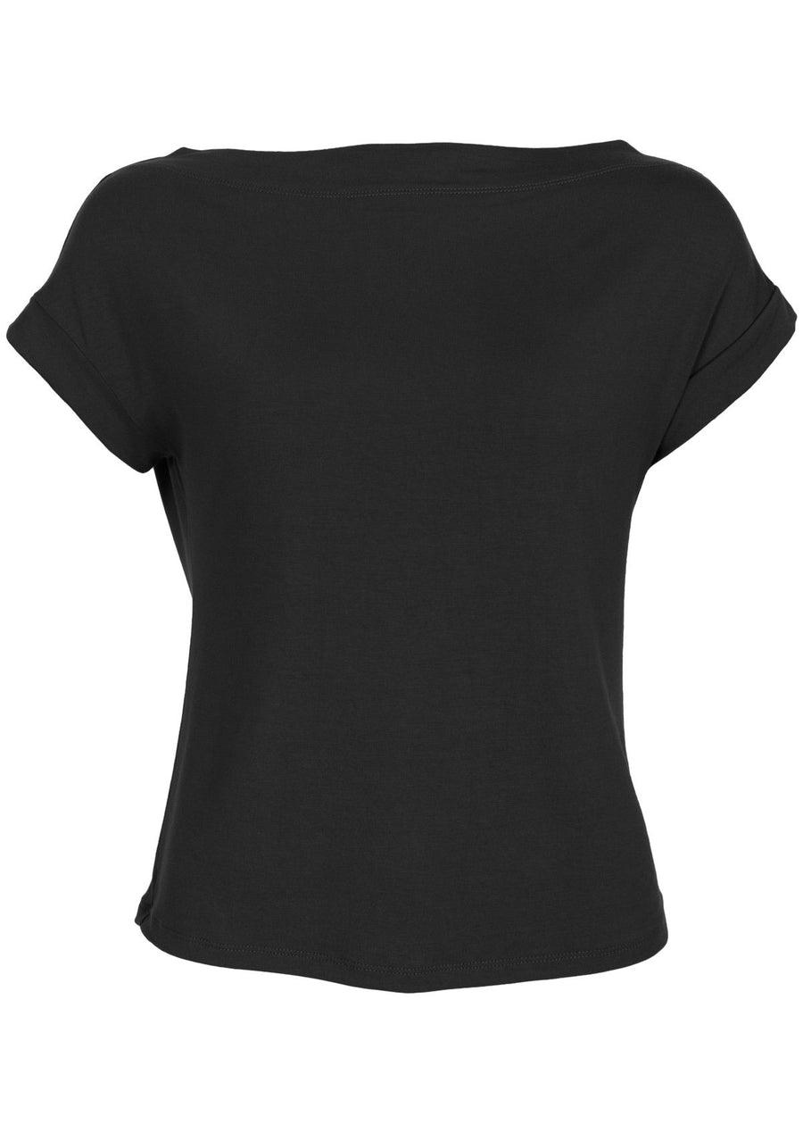 Wide neck mod top black stretch rayon boat neck top | Karma East Australia