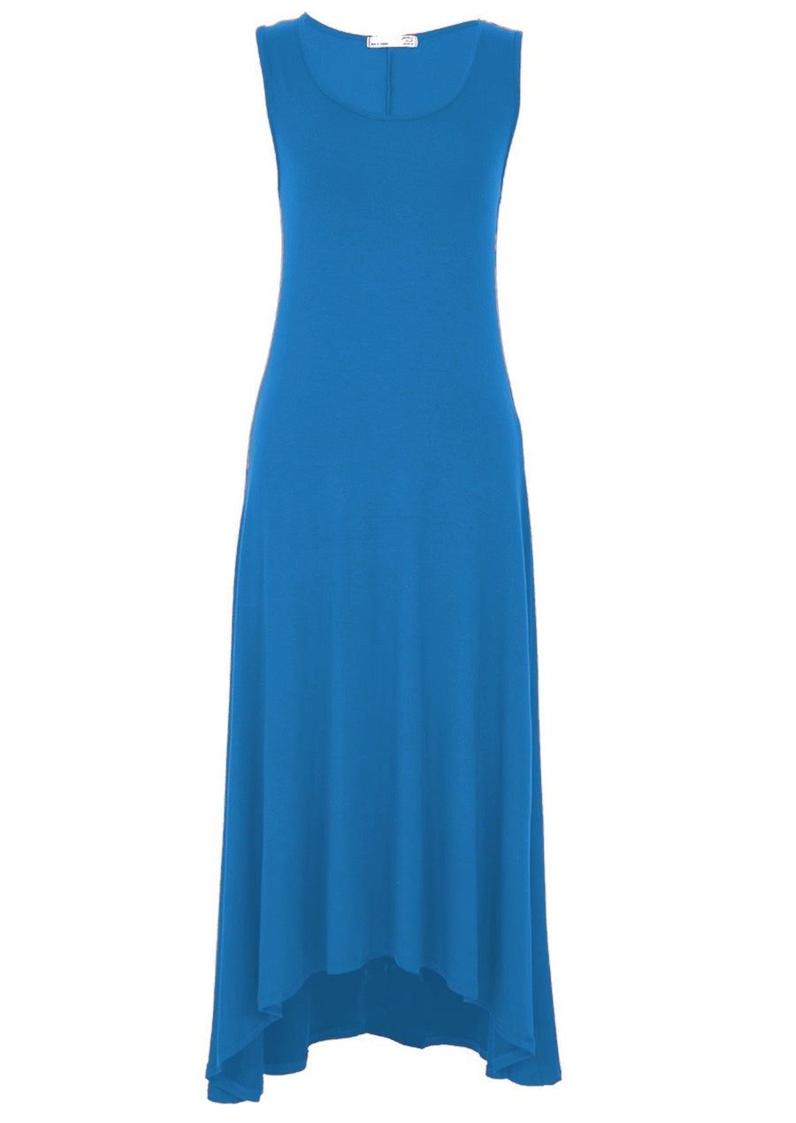 Concave Hem Dress round neck sleeveless a-line skirt concave hem soft stretch rayon blue | Karma East Australia