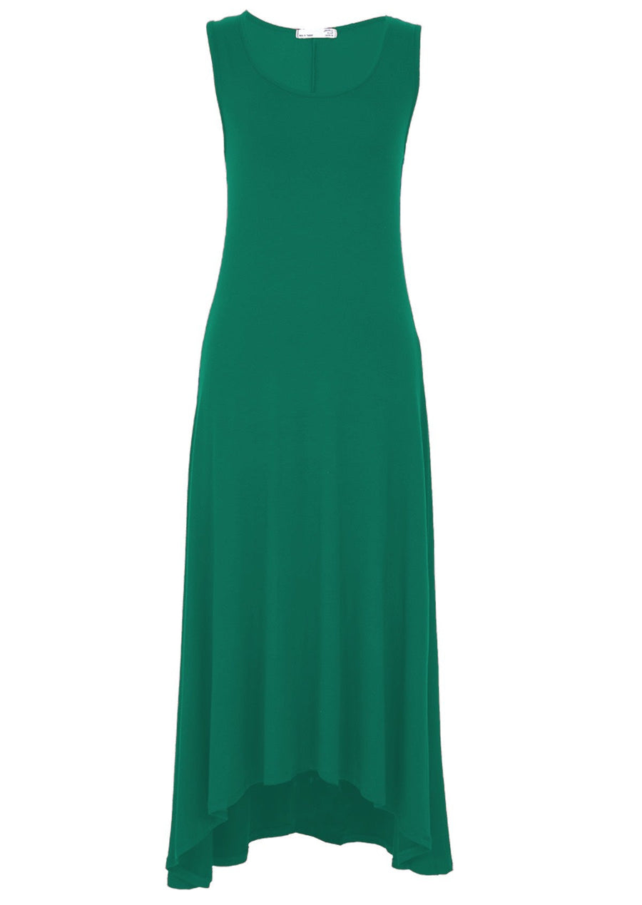 Concave Hem Dress round neck sleeveless a-line skirt concave hem soft stretch rayon jade green | Karma East Australia